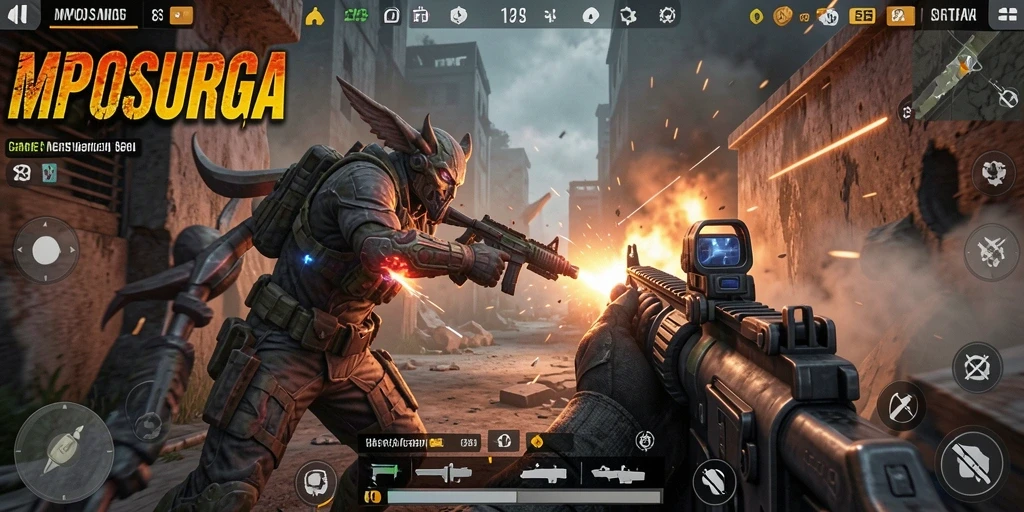 Tampilan menarik dari gameplay MPOSURGA dengan aksi tembak-menembak intens.