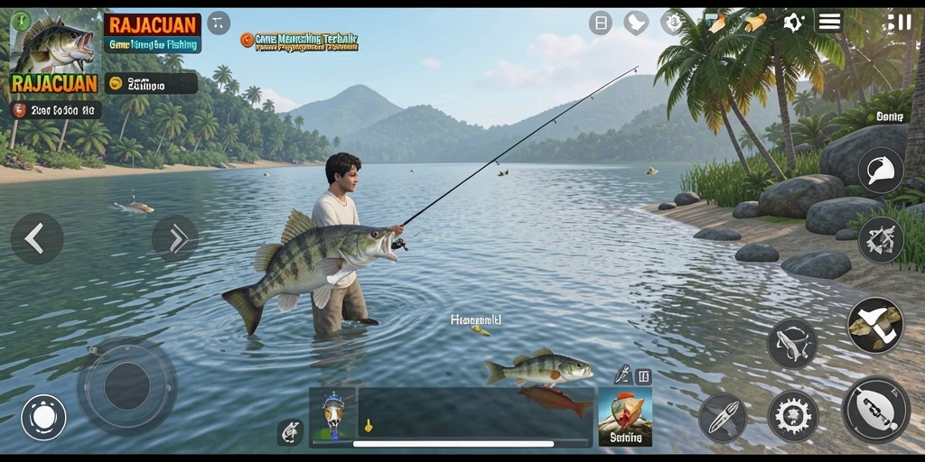 Tampilan gameplay RAJACUAN yang menarik saat menangkap ikan.