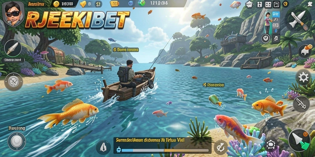 Screenshot REJEKIBET menampilkan aksi memancing yang seru di laut biru.