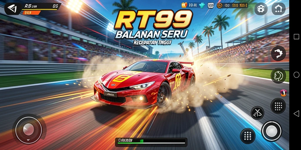 Screenshot utama RT99 menampilkan aksi balapan yang mendebarkan.